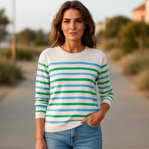 LOFT | Striped Modern Summer Tunic Crew Neck Sweater Cream Blue Green | Small - Picture 1 of 10